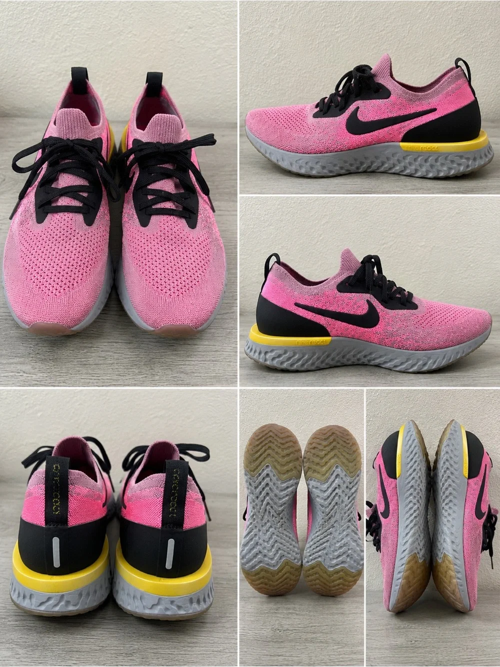 Nike women’s Epic React Flyknit 10.5Pink Black Running Sneakers with Yellow Heel